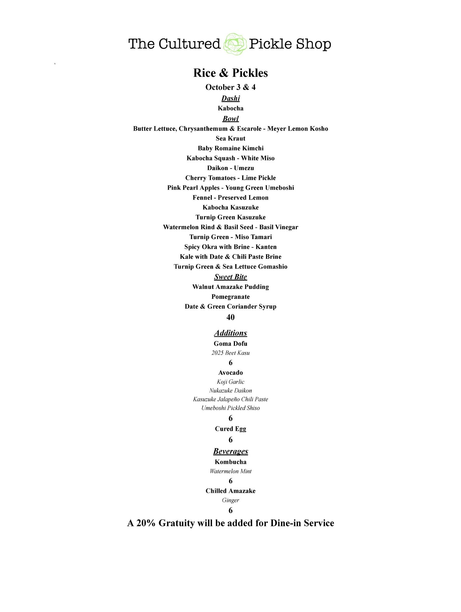 Rice & Pickles dine-in menu for October 3 and 4