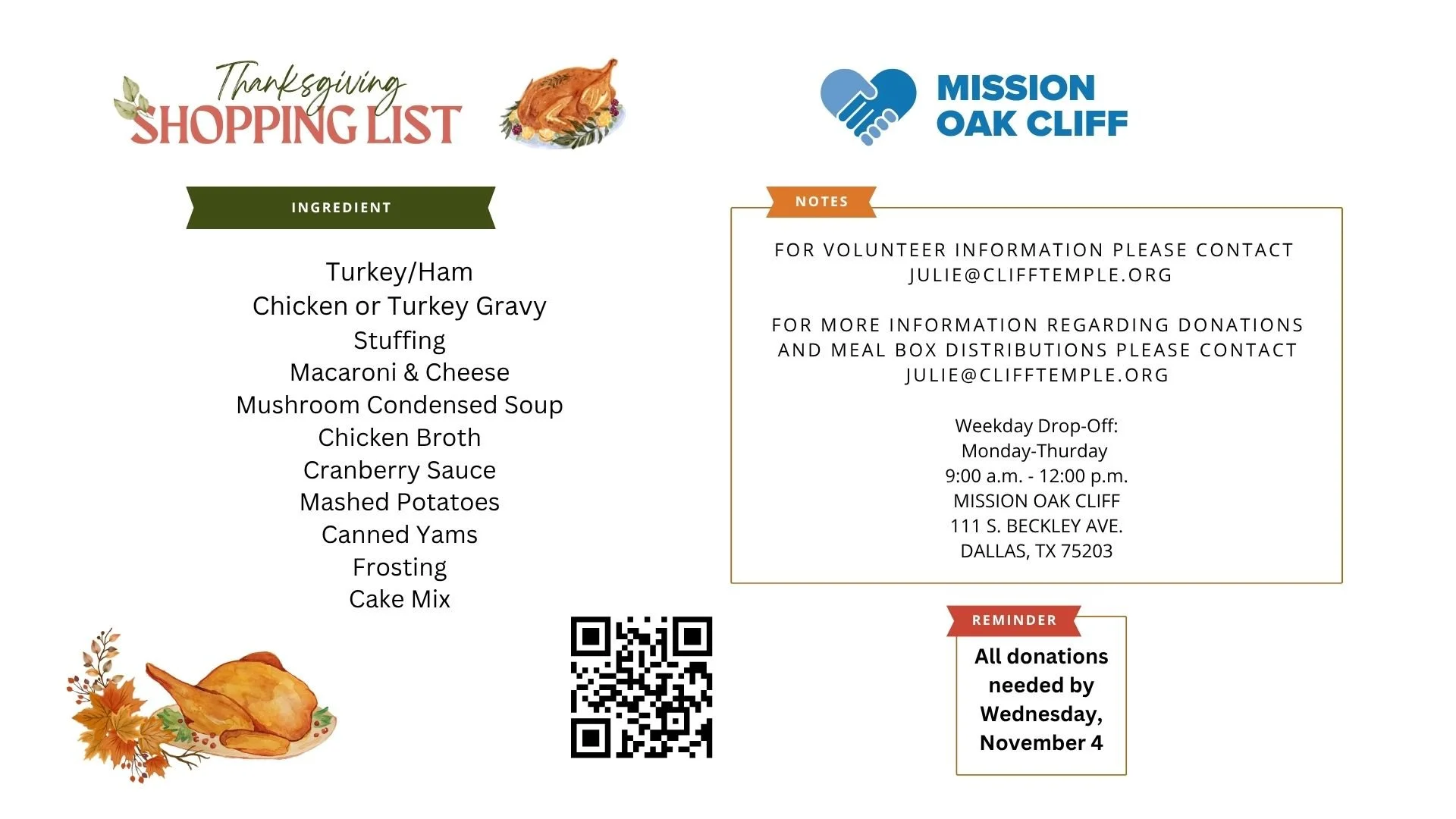Shopping List for Mission Oak Cliff Thanksgiving Boxes