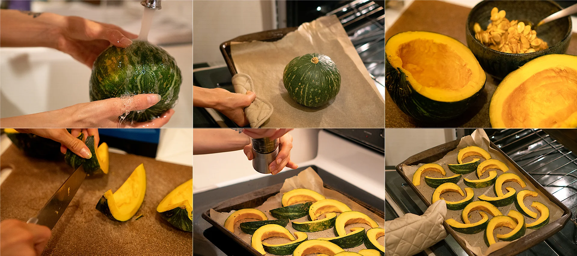 Left-to-Right, Top-to-Bottom: wash, bake whole, cut in half & de-seed, slice into eighths, season, bake.