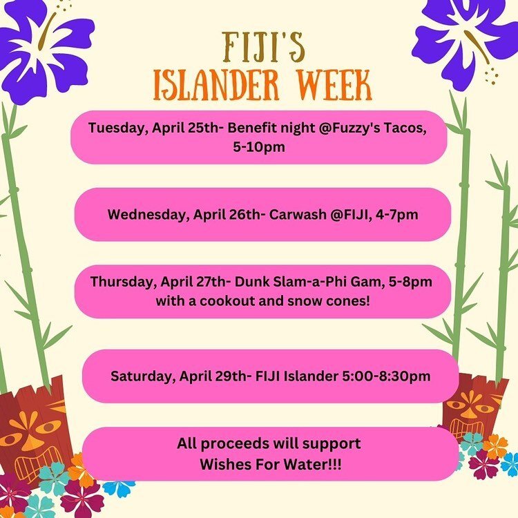 We&rsquo;re excited to announce our first ever FIJI Islander philanthropy week! All proceeds from this week will be given to @wishesforwater in their effort to provide access to water for children and citizens in Zimbabwe. We look forward to seeing e