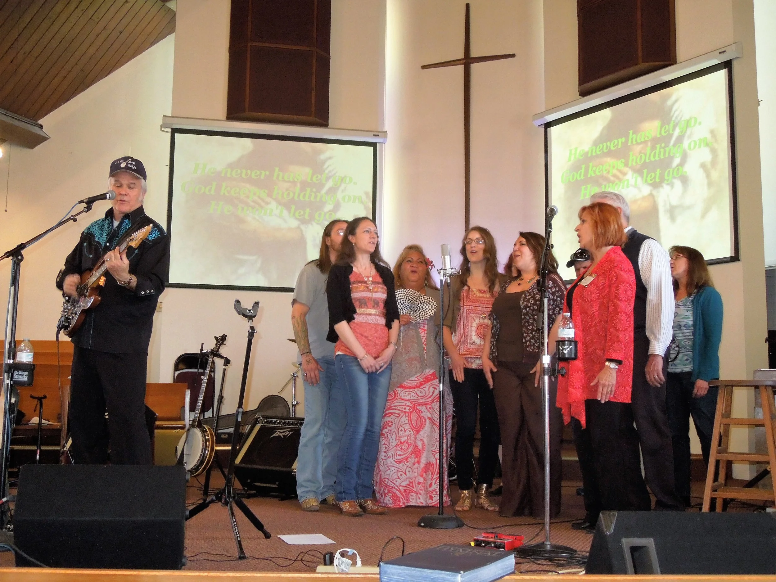 The praise bands from Soaring High Church and SUMC sounded great on, "He Won't Let Go".