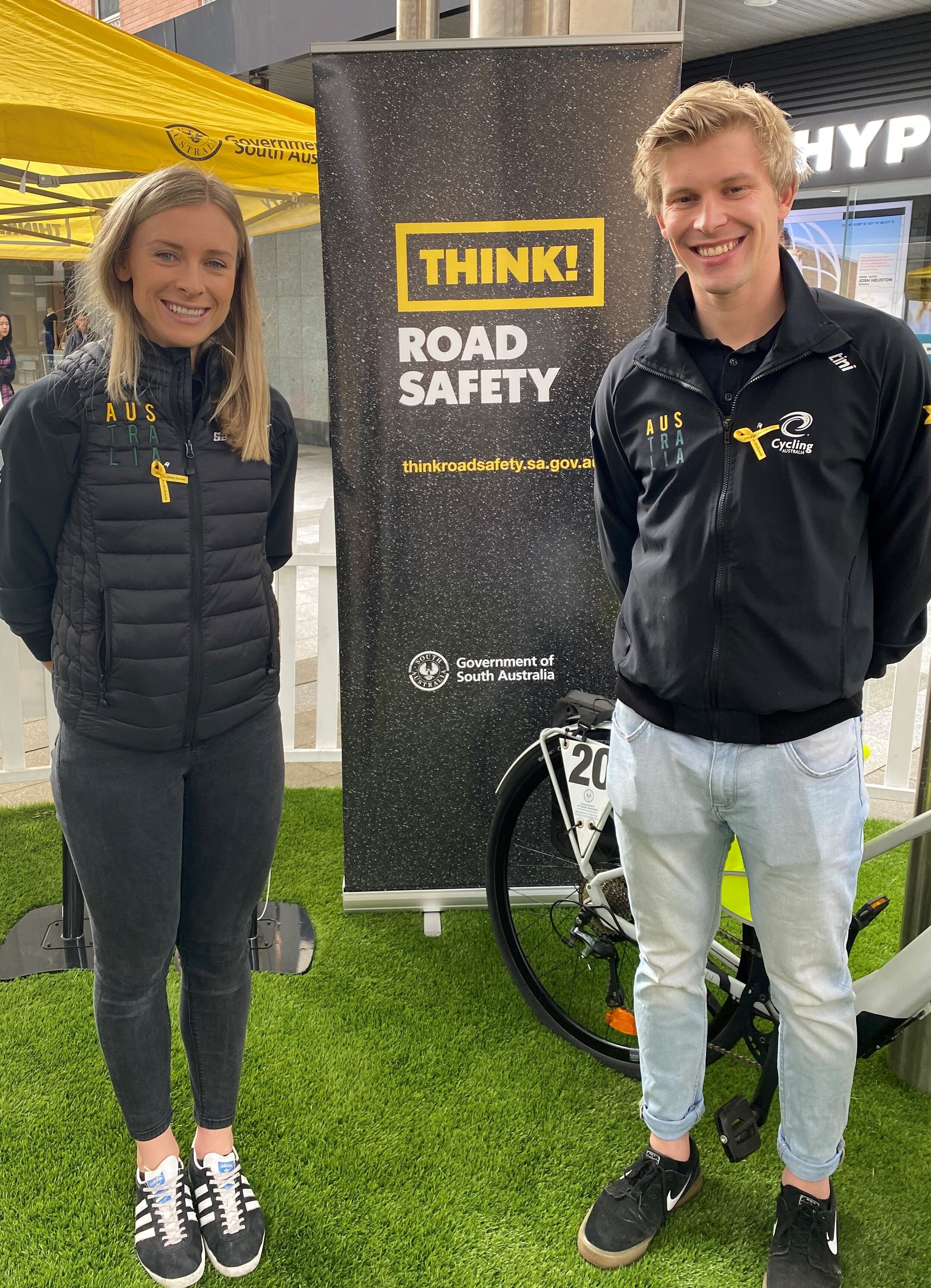 Road Safety ambassadors cyclists Annette Edmonson and Alexander Porter stop by Rundle Mall for National Road Safety Week