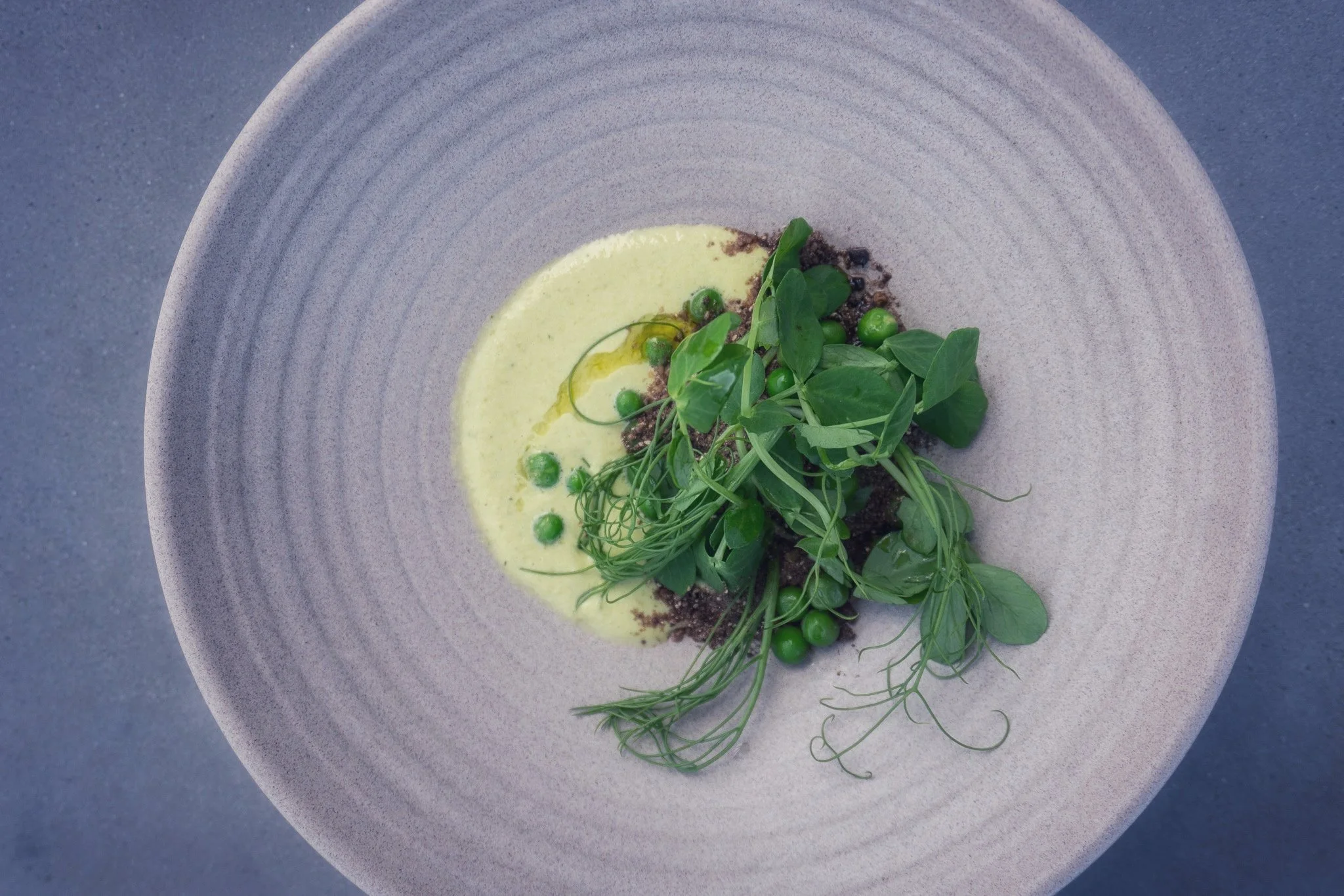 Innovative edible dirt and peas dish, a modern culinary creation by Chef Dominick Maietta.