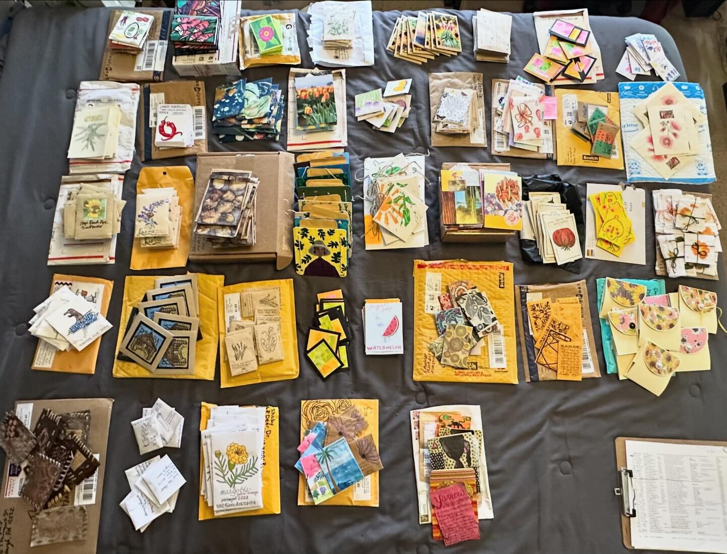 Seed sorting day! Over 400 packs today sort and ship. So many amazing contributions! We will be getting these packets out to our seed swap participants this week. 
.
.
.
#seedswap #artandseeds #verdancyproject #ecoart