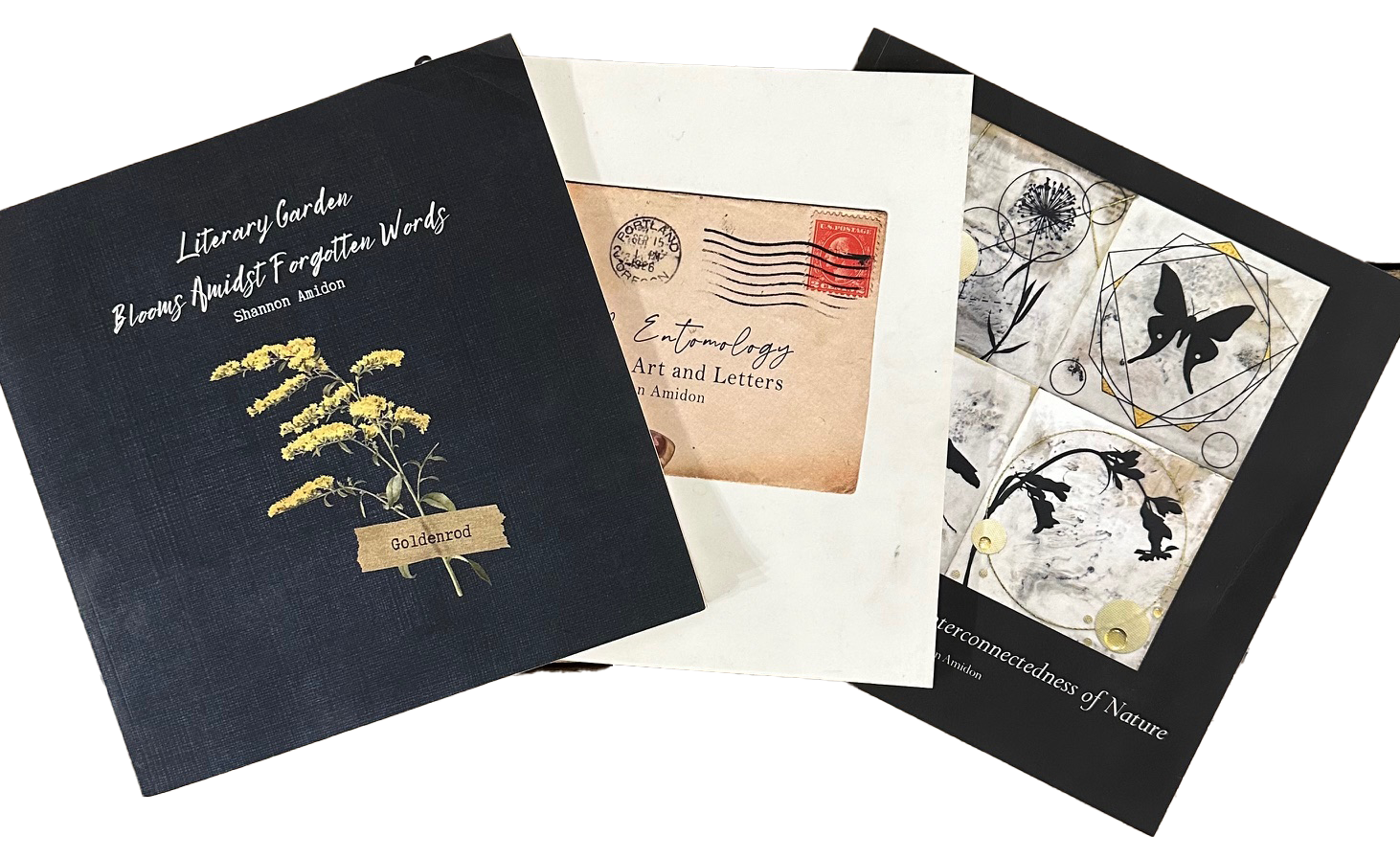 Three books on a table with artistic covers and a collage of watercolor and ink illustrations, including a butterfly and floral motifs.