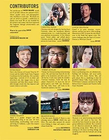 Composite image with a yellow background featuring nine individual portraits of diverse people, each with a brief description. The top section includes a title 'CONTRIBUTORS' and introductory text. The portraits show various ages and styles, with some people smiling and others in candid or outdoor settings.