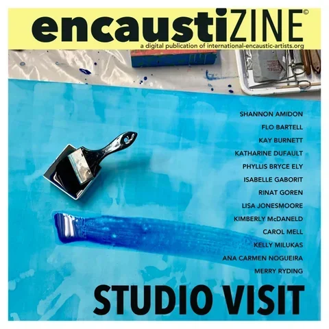 Cover of encuestZINE magazine featuring a painting studio with a paint roller and a tube of paint on a blue background. List of contributing artists and the title 'Studio Visit'