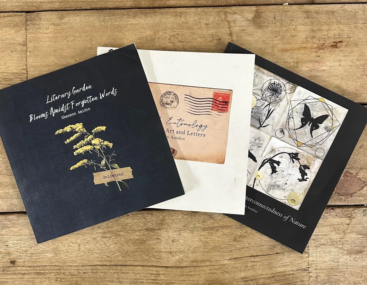 Three books or magazines with artistic and botanical covers are arranged on a wooden surface.