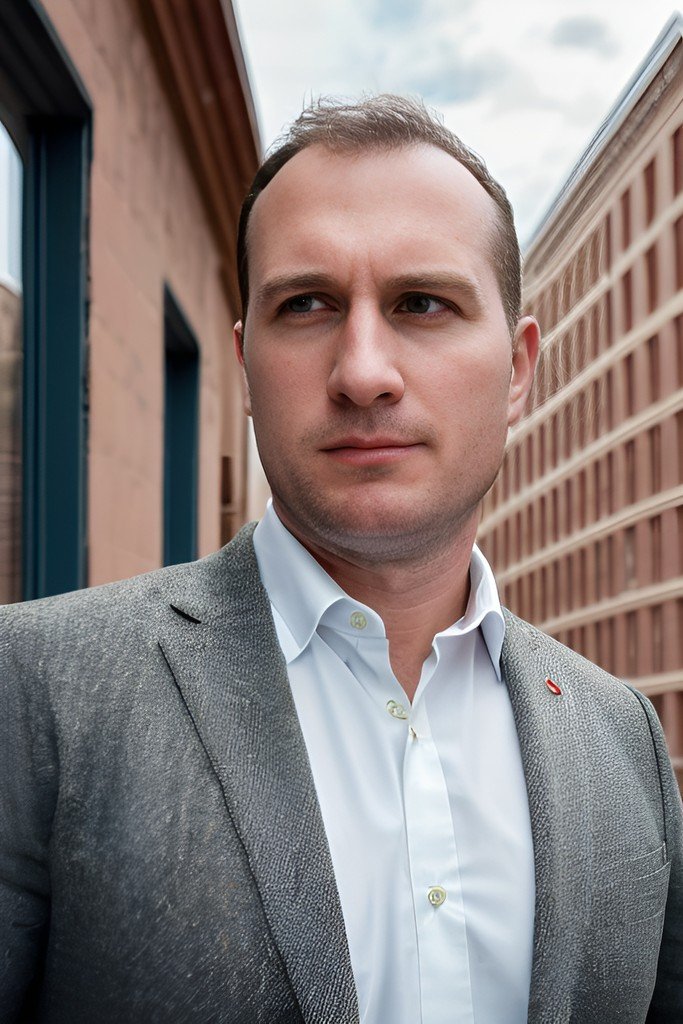 A young man with short brown hair, wearing a white collared shirt and a gray blazer, standing outdoors between two brick buildings, looking to the side.