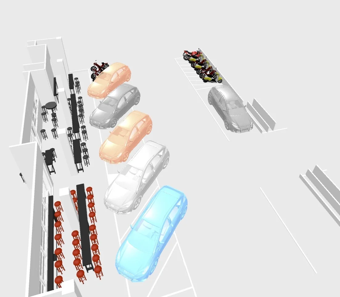 5 cars can park at 45 degrees outside the bar, 1 car can park parallel across the street.