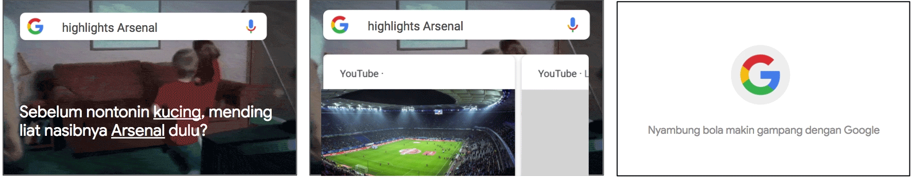 Dynamic banners (Vogon) were suggested to offer timely and contextual information to viewers during a specific event like soccer season. Reflecting what the user was watching on YouTube, the copy would change accordingly. Copy translations: Before you watch cats , check out the fate of Arsenal first?