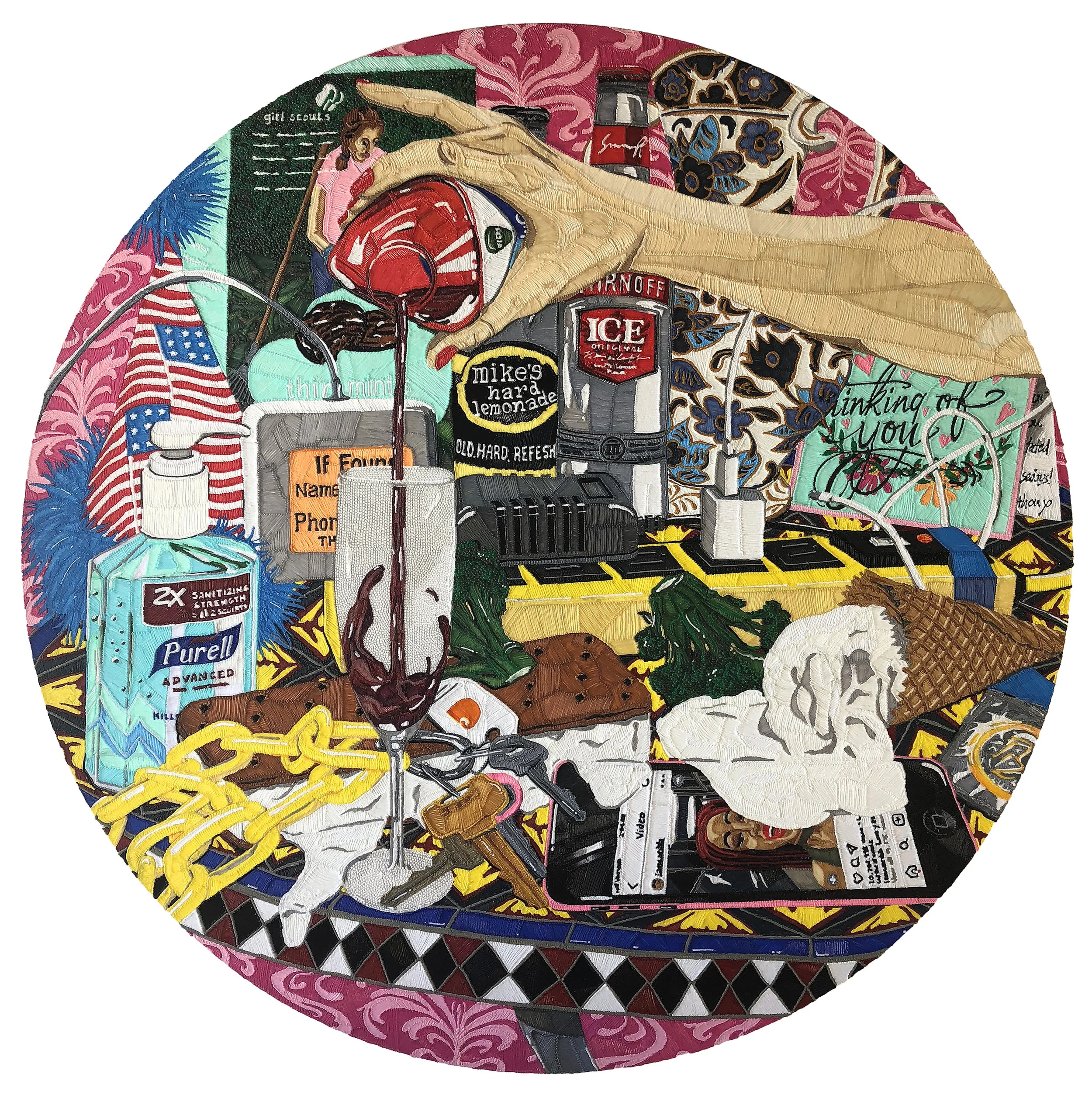  PHONES AT THE DINING TABLE, 2018  36 inches in diameter, PLA on panel 