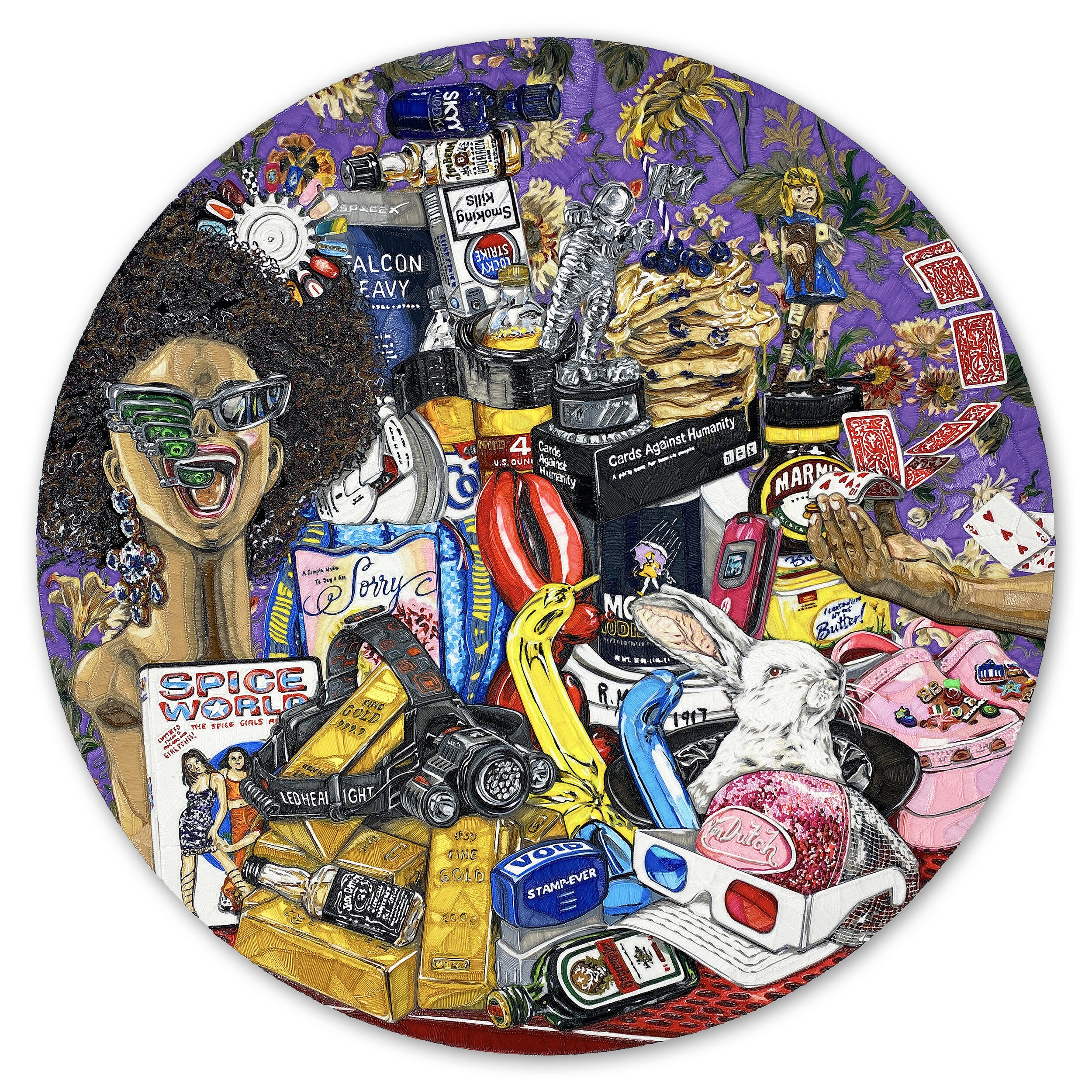  DISTRACTION TECHNIQUES, 48 inches in diameter, PLA on panel, 2019 
