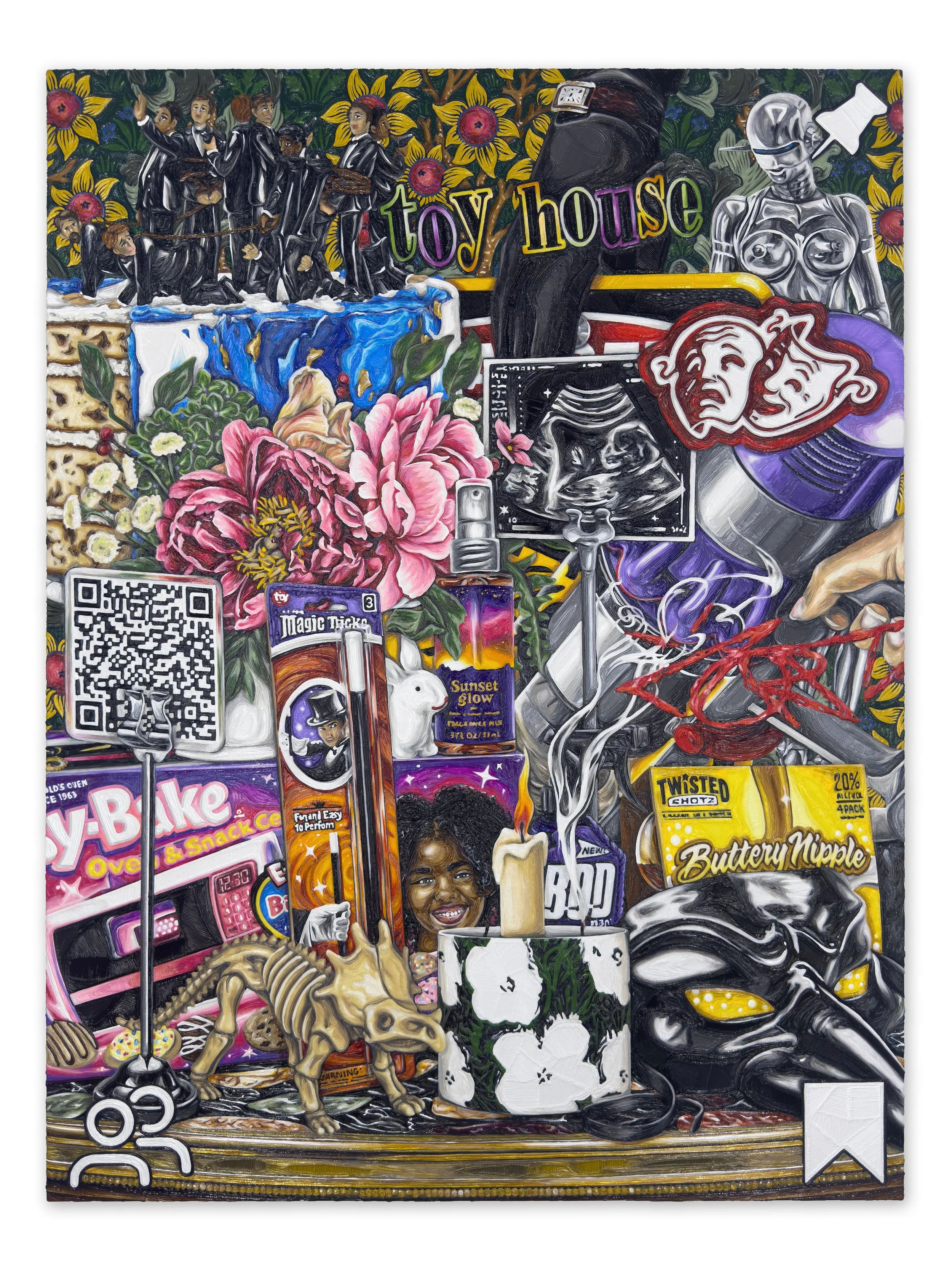  LIFE IS A TOY CHEST, 48 x 36 inches, PLA on panel, 2024 