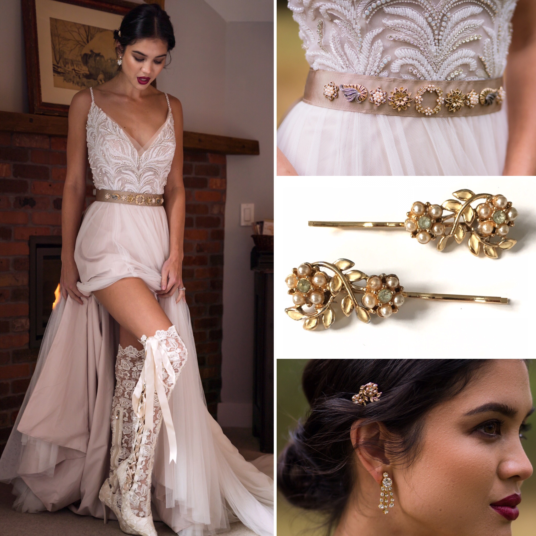 Image 1: Belt £125, Hairpins £44 Photo Credits: Photographer: Marc Daniele, Venue: Wolverton Inn , Boots / Stylist : House Of Elliot, England ( http://www.houseofelliotcollection.com ), Hair & Makeup: Iam Hope , Dress Boutique & Earrings: Bridal Suite Boutique , Belt & Hair accessories: Vintage Adornments , Dress: (Charlene by Maggie Sotterodesigns) Maggie Sottero Designs , Tuxedo: The Black Tux , Bride: Josephine Adelin