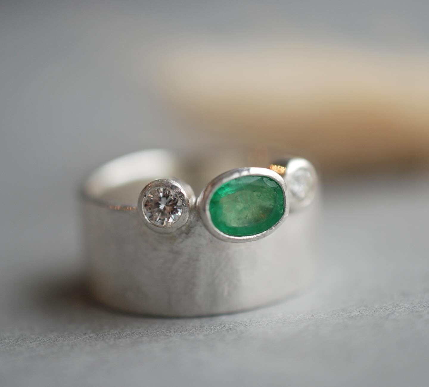 It&rsquo;s been heads down in the workshop recently getting some new pieces ready for the big C and finishing some special orders. Loved making this chunky silver remake, using a clients emerald and 2 diamonds. The ring is lightly textured and looks 