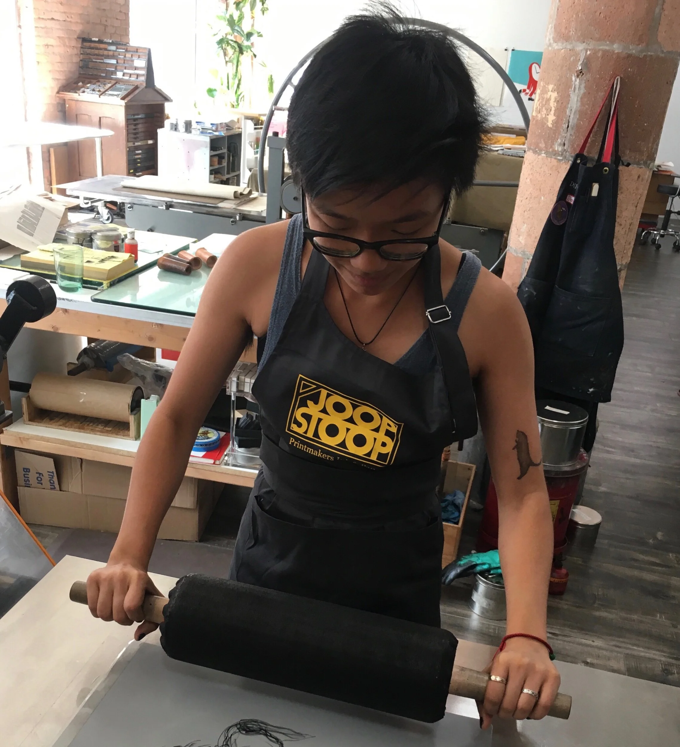 Clare Altman recently graduated from Smith College, with a studio arts major and book arts concentration. Her favorite studio practices include composing metal type & printing on the Vandercooks. Clare is the currently the studio book arts assistant.