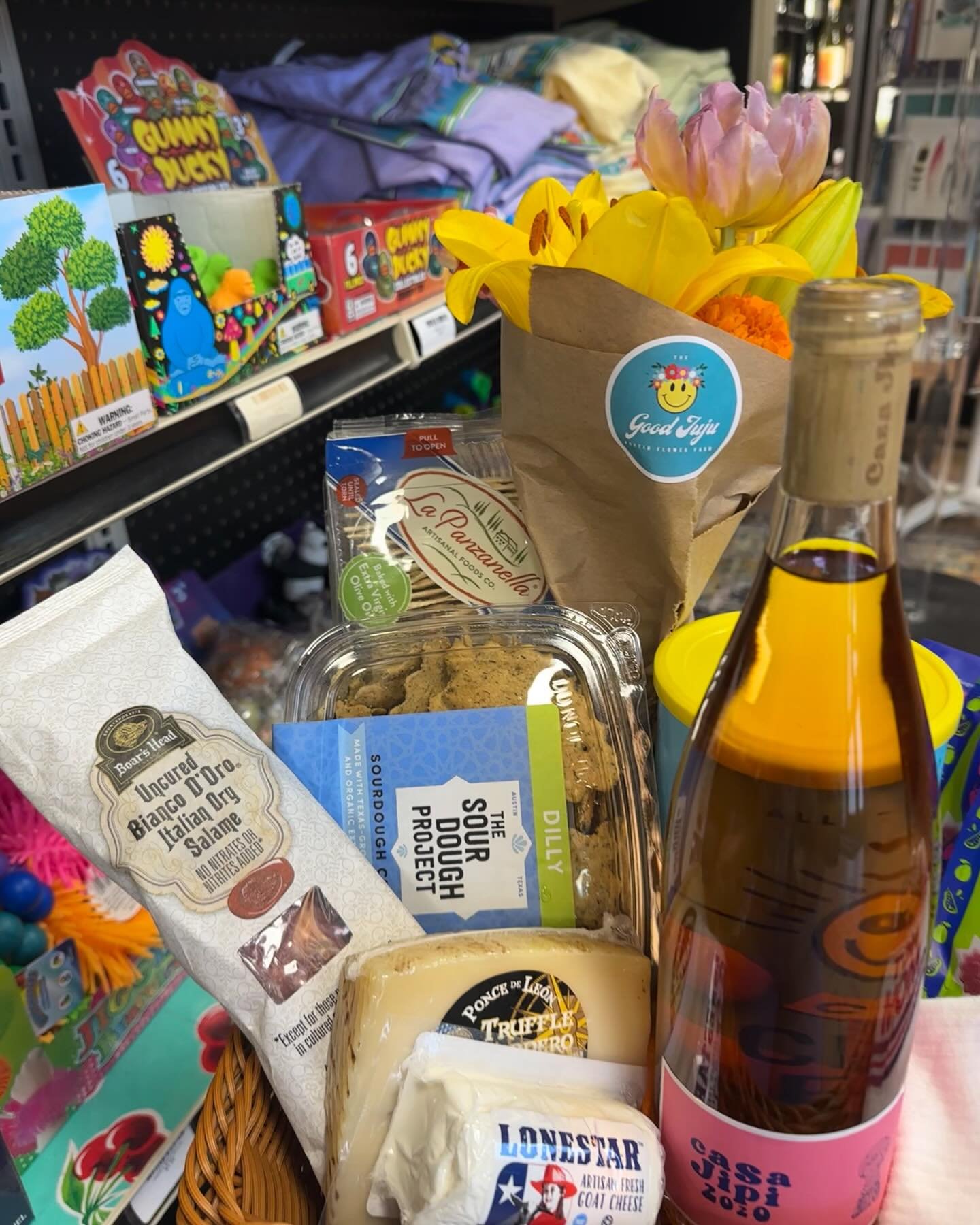 Cheese, wine, chocolates and fresh flowers 💐 Let us curate your perfect gift basket! Talk to Callie at our Burnet location to have something special put together for you!