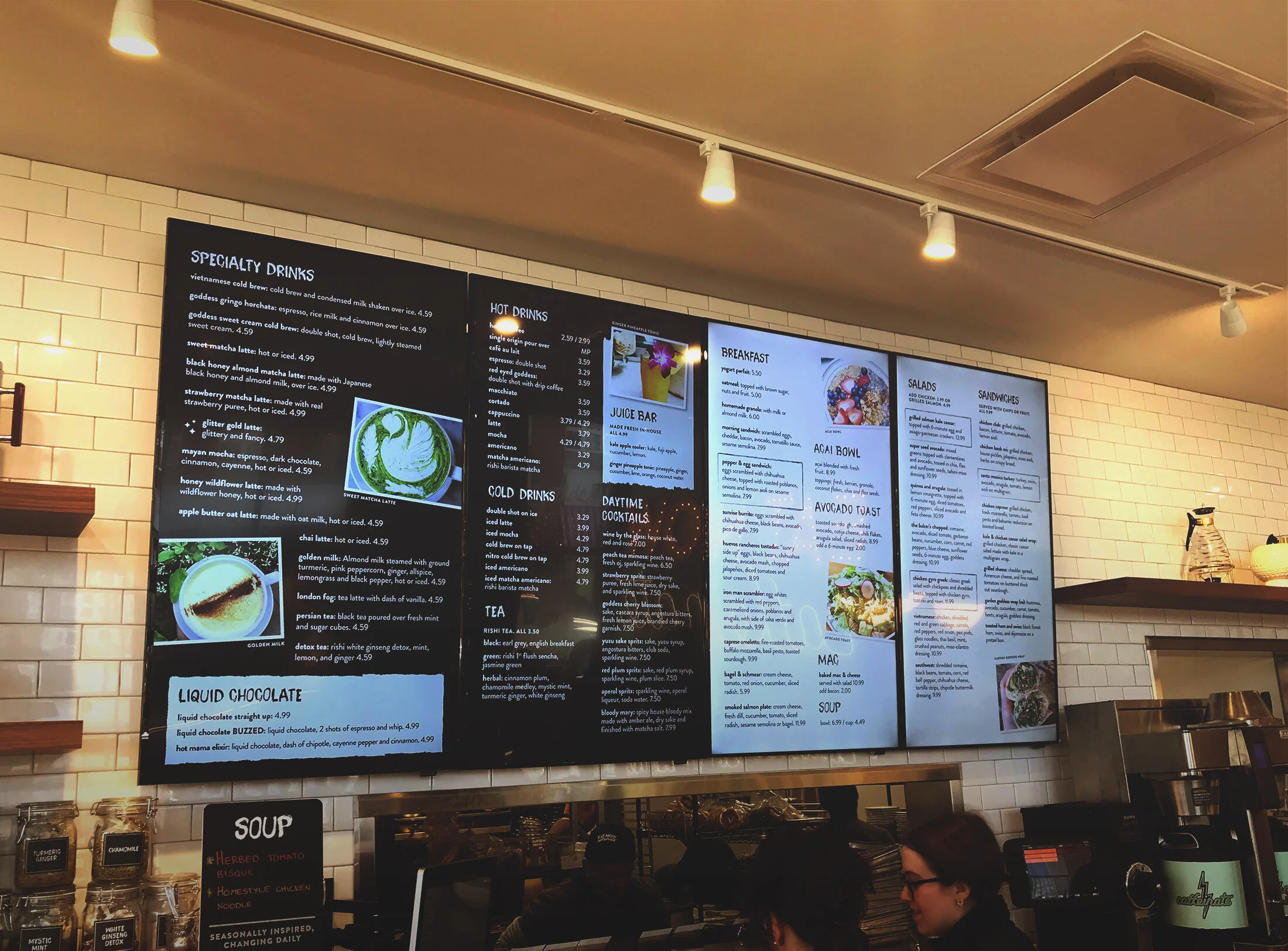  Some of the Goddess locations started transitioning their printed hanging menu boards to digital. This makes updating the menu a breeze, although we do love the look of the brush lettering on actual tangible boards.  