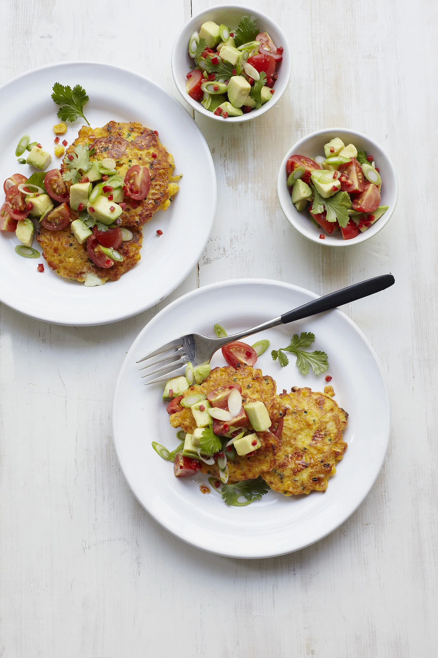 Sweetcorn Fritters & Chilli-avo Salsa Photograph Clare Winfield, Prop Styling Wei Tang (from The Goodness of Avocado)