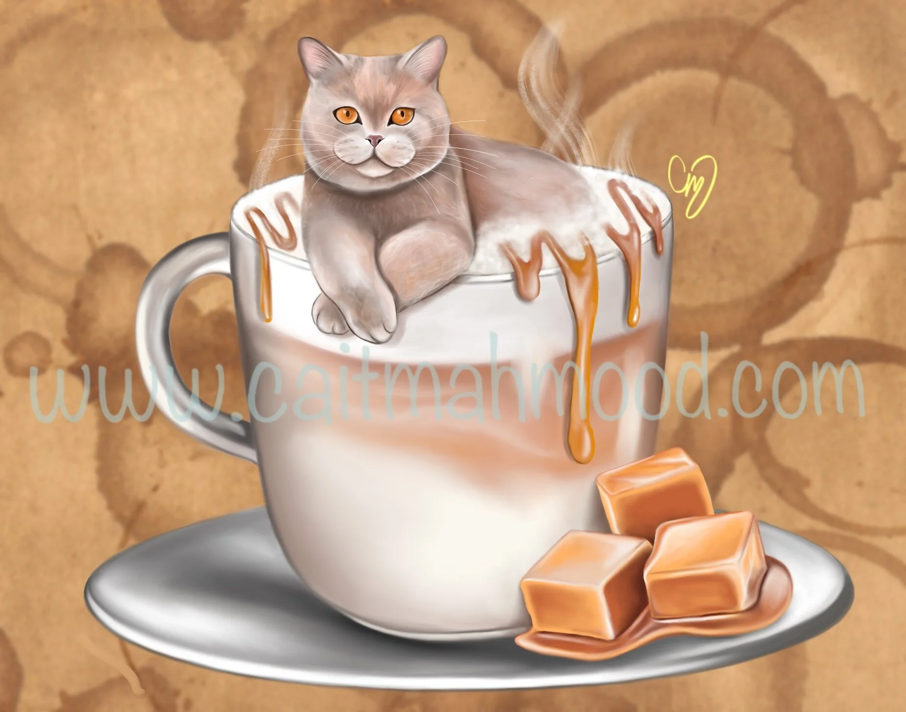 "Caramel Meowchiato", digital art