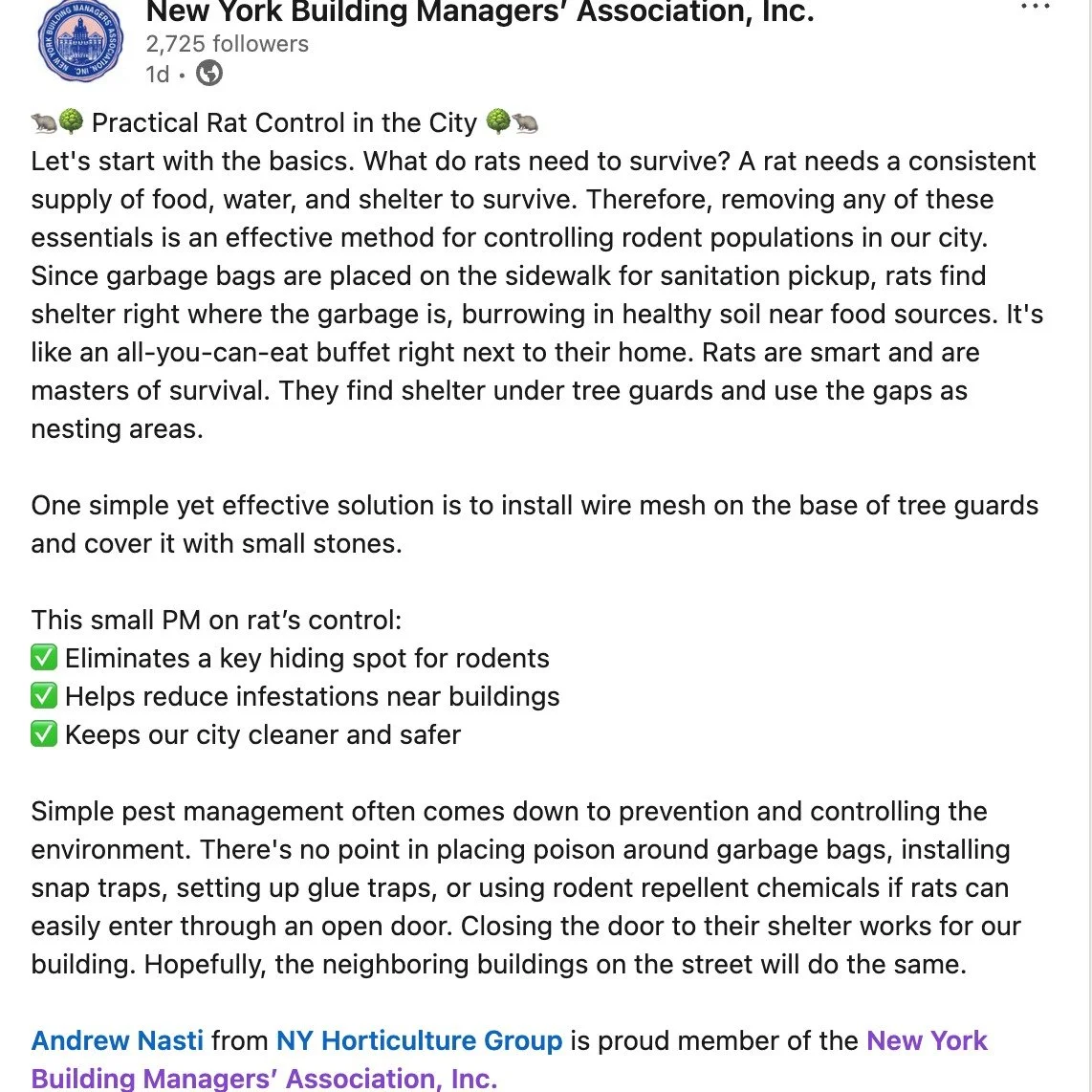 🐀🌳 Practical Rat Control in the City 🌳🐀

Our very own Andrew Nasti from @ny_hortspoke spoke with the New York Building Managers' Association on simple yet effective tips for pest management!

Read the full article here: https://www.linkedin.com/p