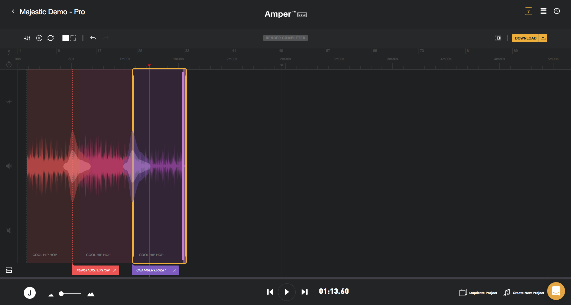 Amper Music Interface - The 'Pro' version of the Amper music editor provides the user with customisable tools and numerous options to create a track with multiple layers and instruments.