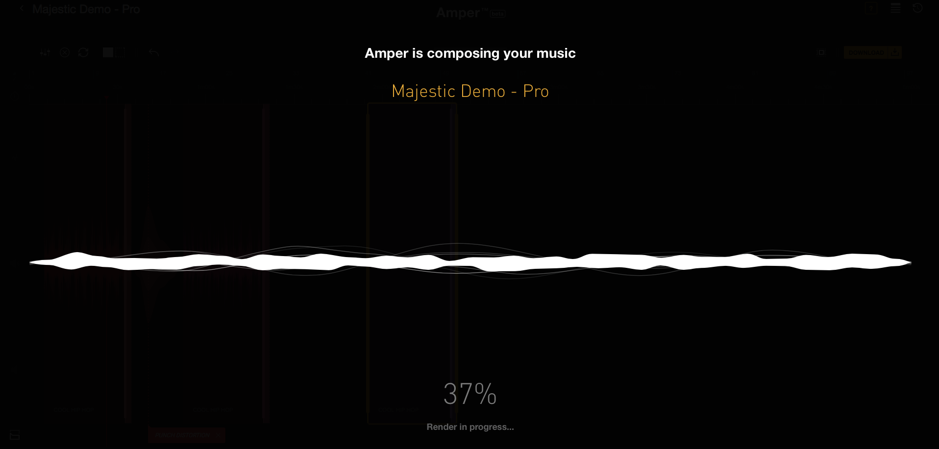 Amper Music Interface - Once the user has created their track on the 'basic' version they click render, with the process taking less than 30 seconds.