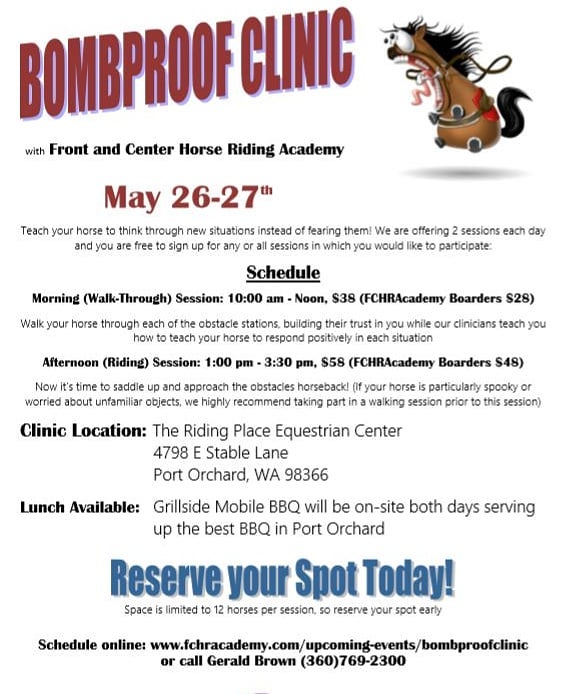 Mark your calendar for a weekend of fun at FCHRAcademy!

Our inaugural Bombproof Clinic is happening May 26-27th and you're invited!

Teach your horse to think through new situations instead of fearing them! We are offering 2 sessions each day and yo