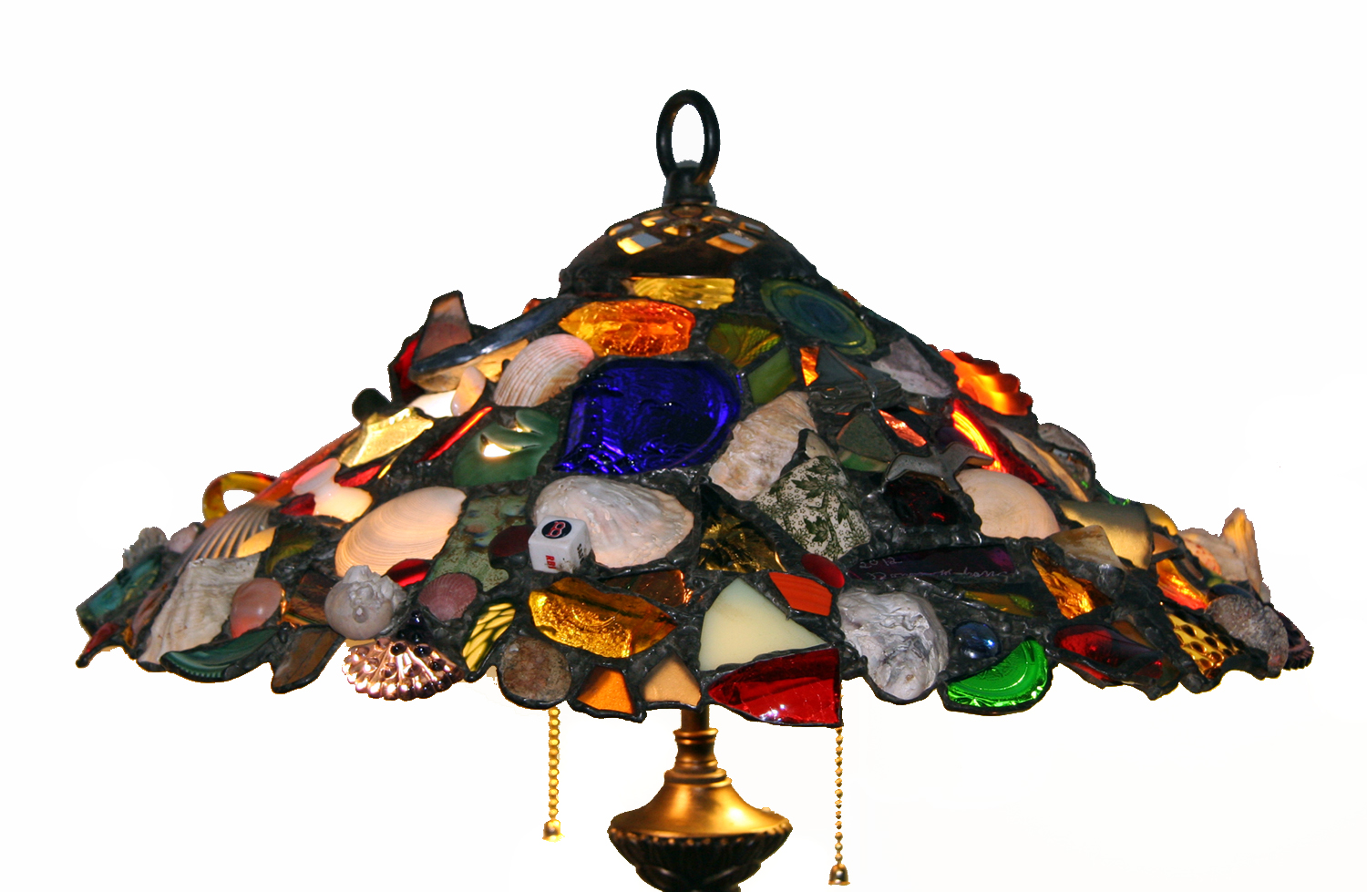 COMMISSIONED LAMP SHADE ~ 18" diam. Repurposed glass, shells, pottery, and client's treasures