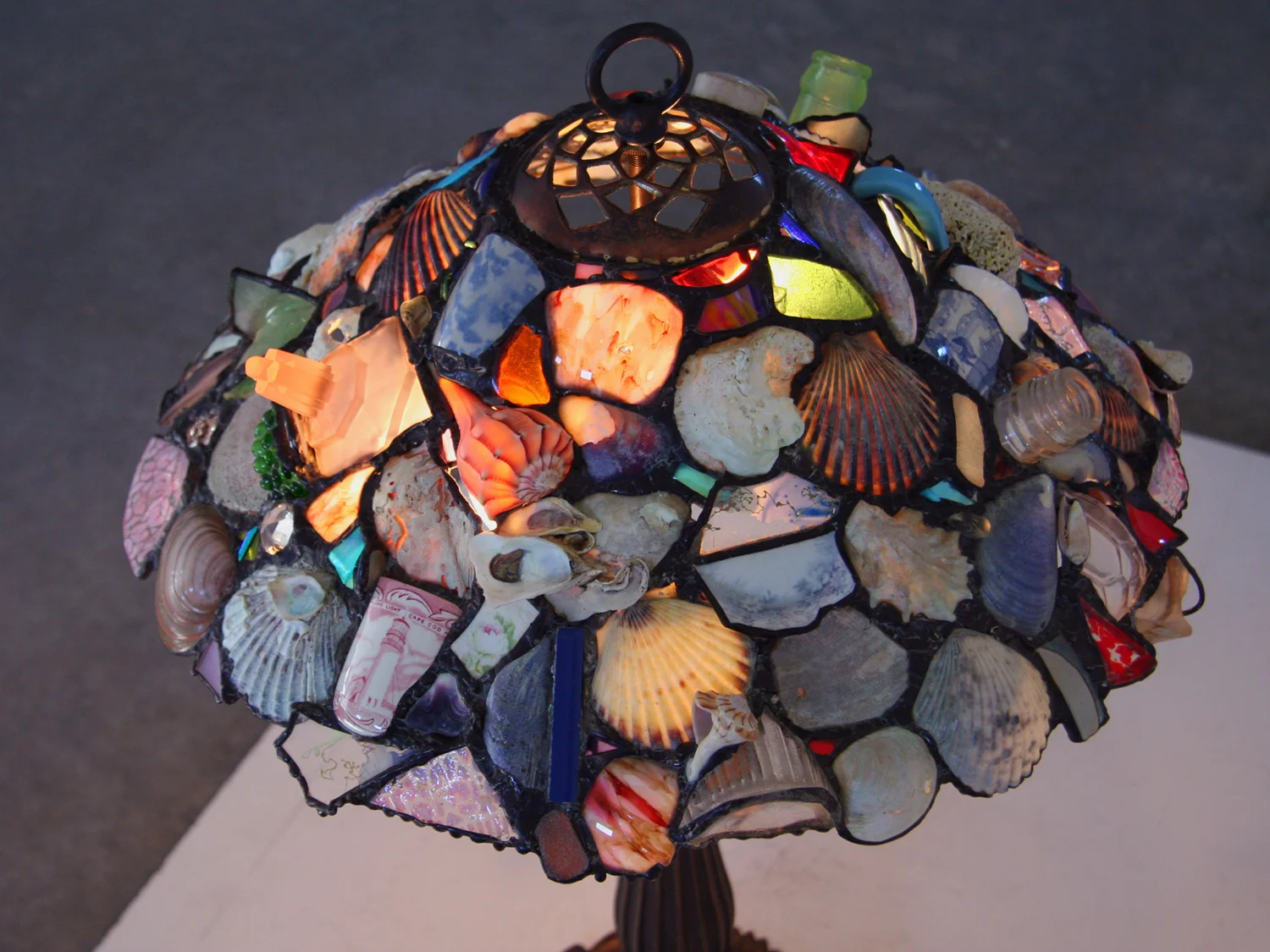 HIGHLAND LIGHT HOUSE LAMP ~ 18" diam. Repurposed glass, pottery shards and beach shells
