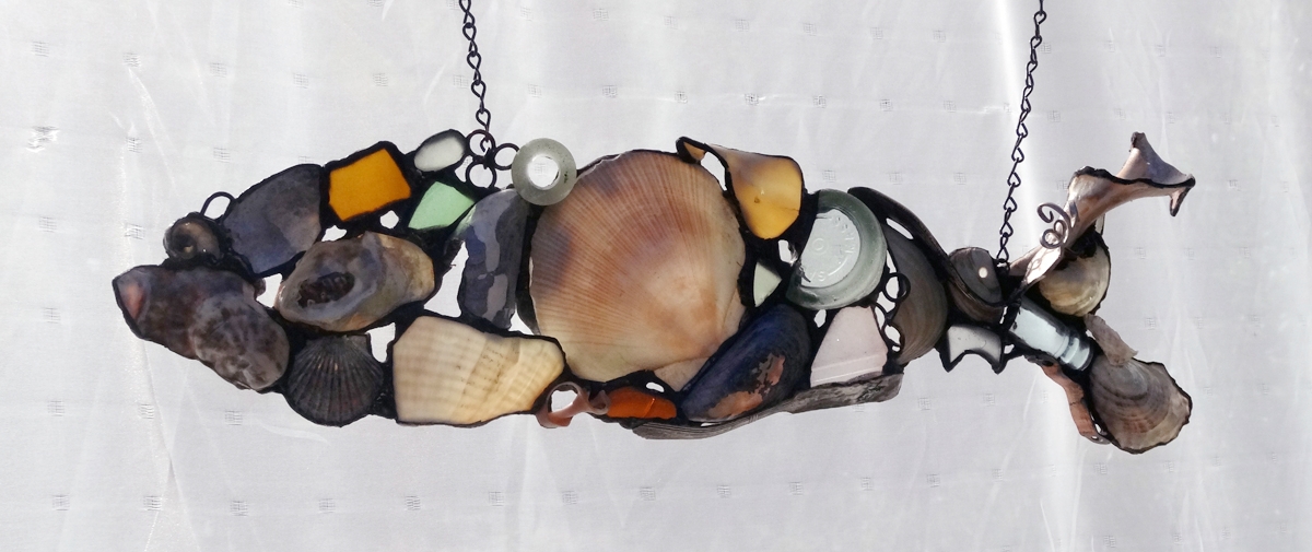 SHELL FISH 2 ~ 6"X22" Repurposed beach shells,  beach glass and metal