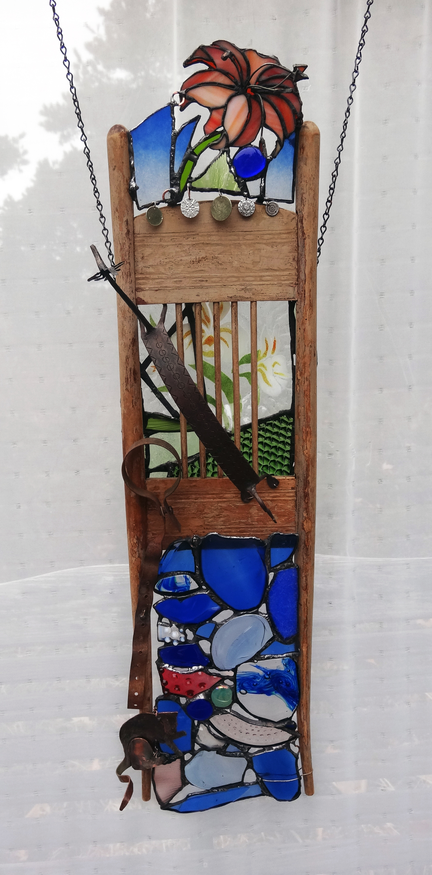 FREE FROM CAPTIVITY ~ 36"x10" Repurposed wood, glass and metals