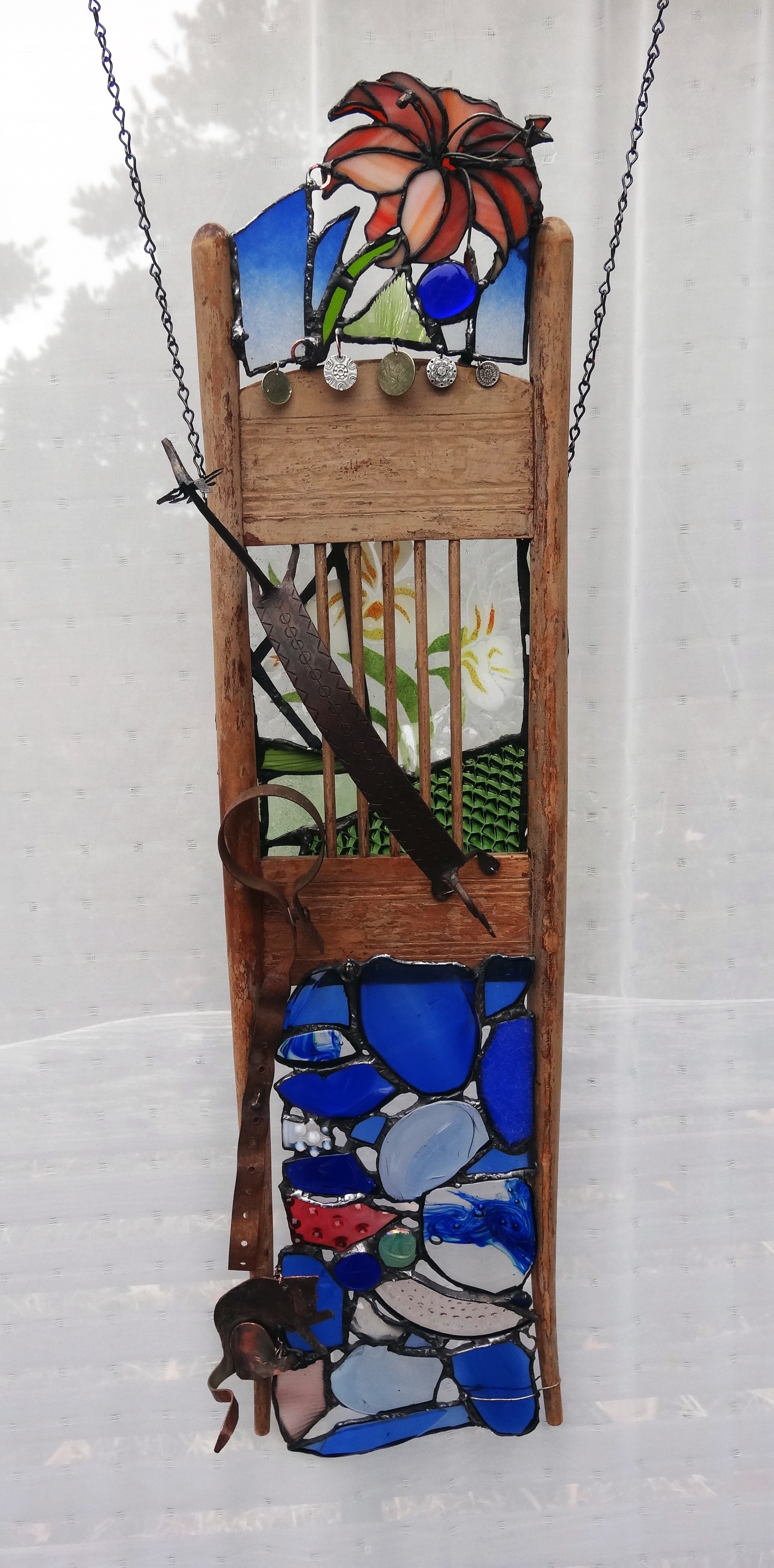 FREE FROM CAPTIVITY ~ 36"X10" Repurposed wood, glass and metals (SOLD)