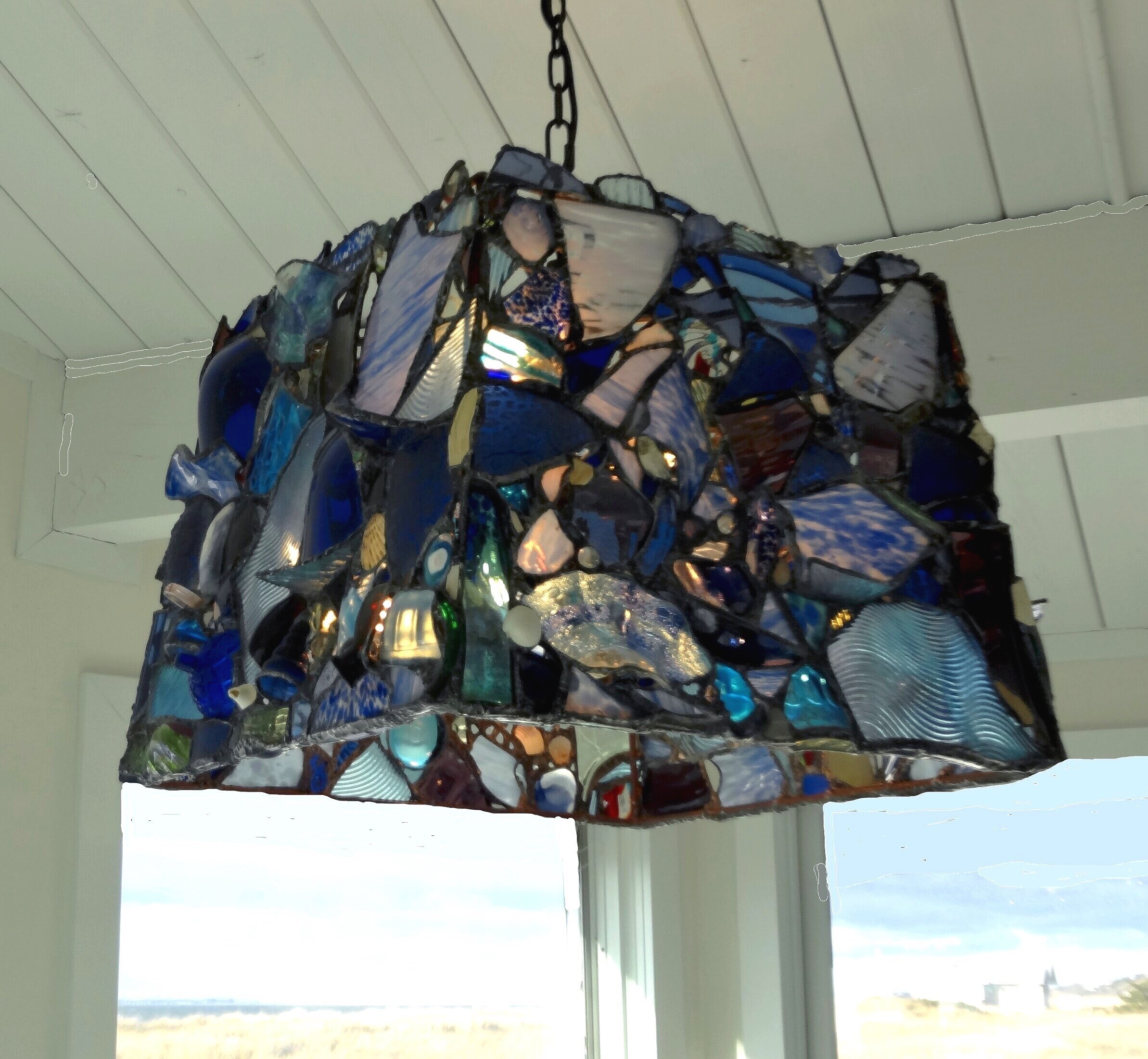 AT HOME, PENDANT LIGHT ~ 20" x 16" x 15" Recycled glass and hand-forged recycled metals