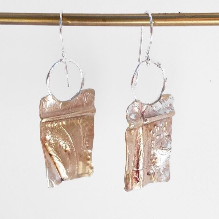 GRANDMOTHERS BEST ~ Hand-forged fold forming vintage silver and brass earrings