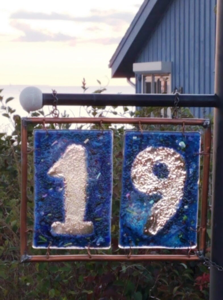 DAVID'S HOUSE NUMBER 19  (close up) ~ 11"x9" Fused glass framed with repurposed copper