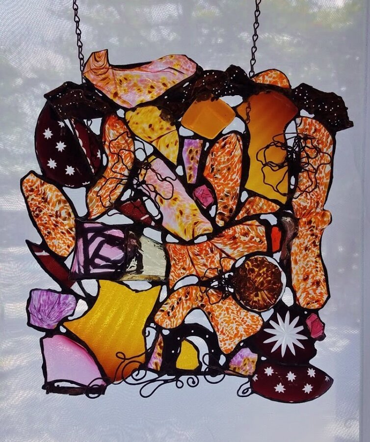 PEACHES AND CREAM ~ 15"X15" Repurposed hand-forged metal and fused glass shards