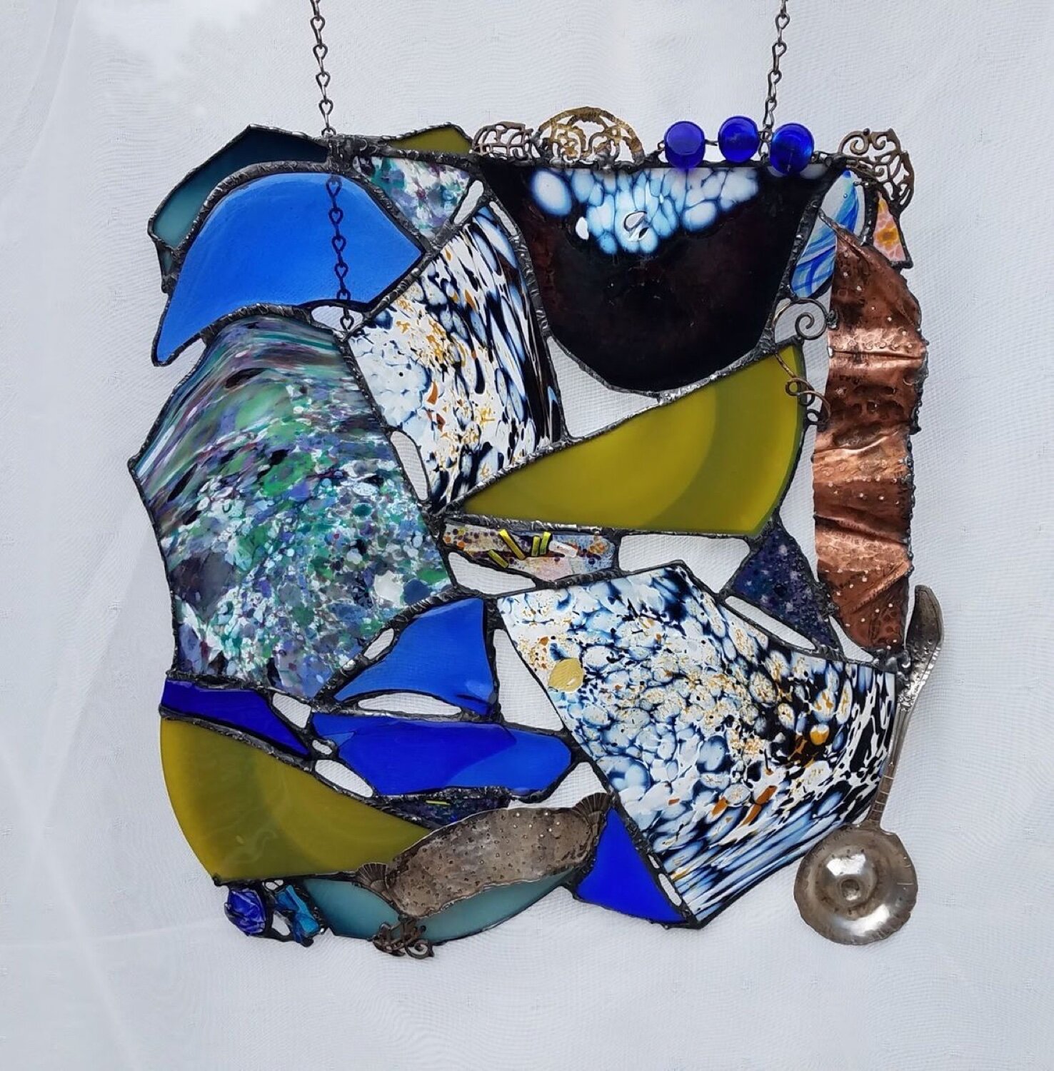 HIGH WINDS ~ 17" X 16" Hand-forged recycled metals and repurposed glass shards (SOLD)