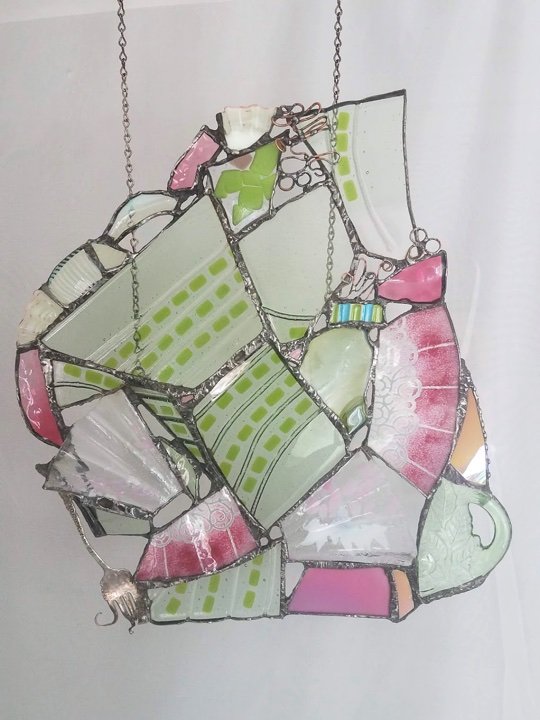 CASCADE OF COLOR ~ 18"X15" Repurposed glass and hand-forged repurposed metals