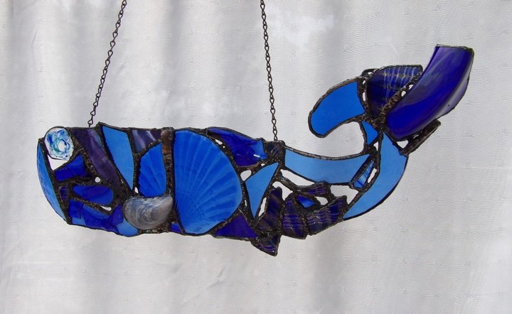 BLUE GLASS WHALE ~ 8'X24' Repurposed glass and hand-forged recycled metals