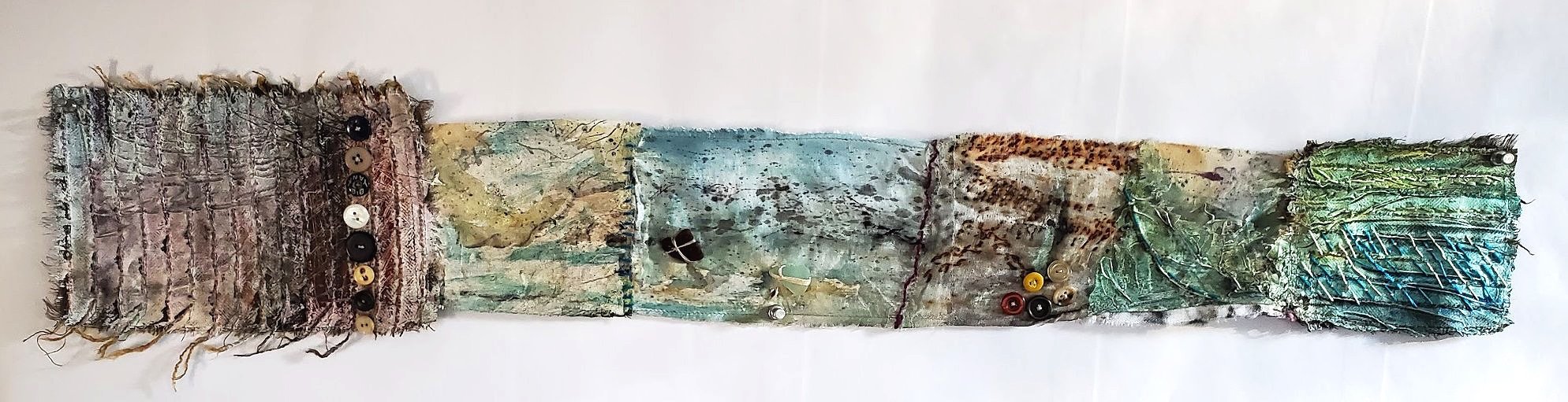 INFLUENCED BY NATURE'S MAGIC #4 ~ 6"x35" Recycled fabrics and mixed media layered with gesso, paints, ink, cold wax, stitching and found objects including birch bark, rope, rusty parts and rings..  