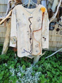Rust dyed embellished linen tunic ~ Donna Mahan's Wearable Collage #01