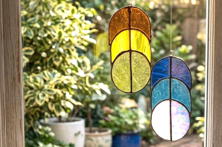 Colorful stained glass hanging ornaments in a window, with a garden scene in the background.