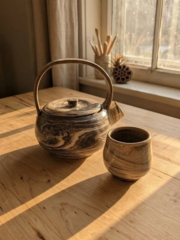 A ceramic teapot and matching cup on a wooden table near a window with sunlight streaming in, with decorative wooden sticks and a pinecone on the windowsill.