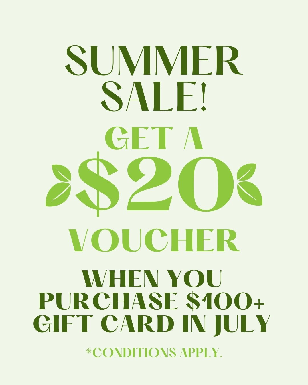 😎🌞JULY SUMMER SALE!🌞😎⁠
⁠
🎊Receive a $20 VOUCHER when you purchase a gift card of $100 or more!⁠
⁠
🔥 Get in on this deal before it's gone! 🔥⁠
⁠
*Offer valid until July 31, 2023. Voucher use valid from Sept 1 - Oct 31, 2023. Purchase in-store or