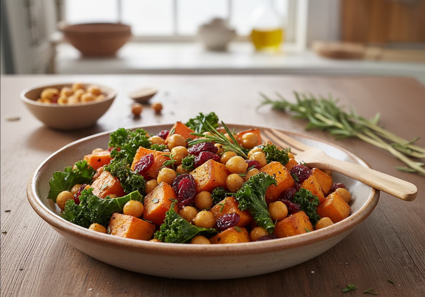 Roasted Sweet Potatoes with Chickpeas, Cranberry and Kale