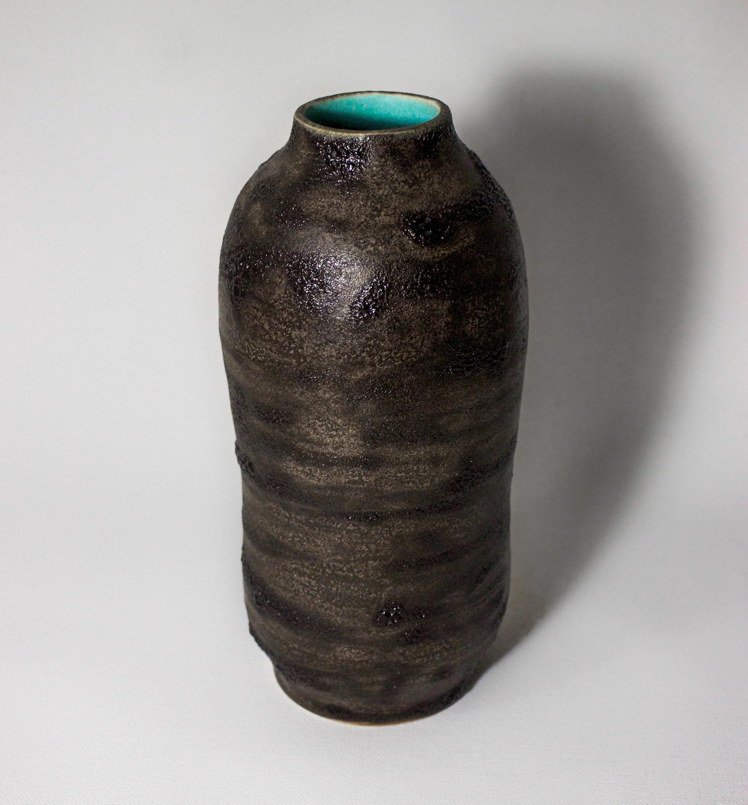 Porcelain Vessel in Darkmoon Lava Exterior Glaze Frozen Aqua Interior