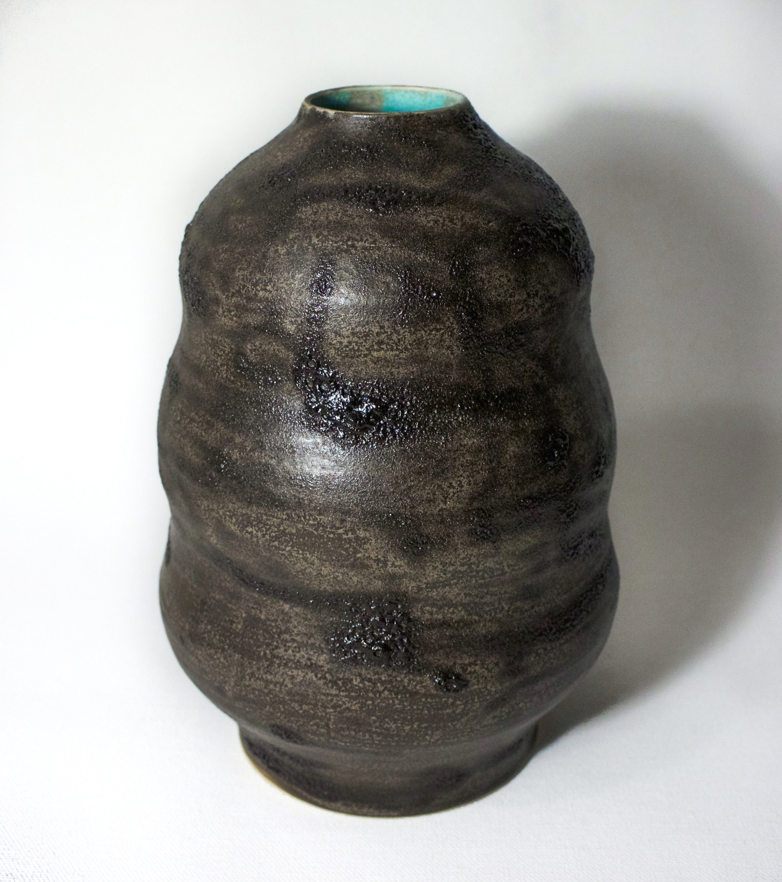 Porcelain Vessel in Darkmoon Lava Glaze Frozen Aqua Interior