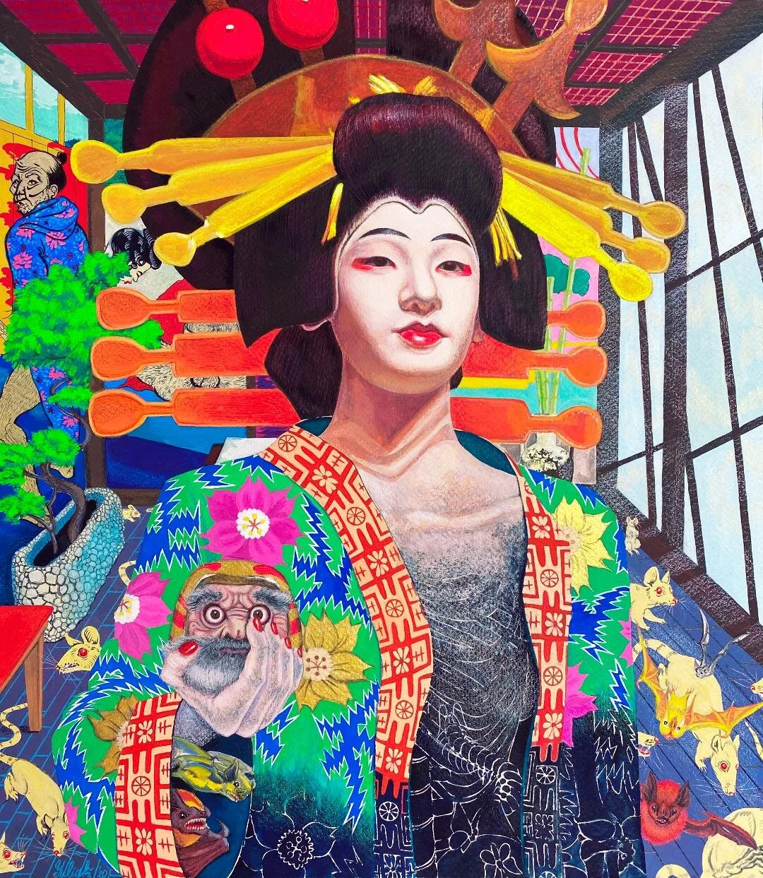 Ghosts of the Everleigh: The Japanese Room. Gouache, color pencil on paper 15"x13" $1,300